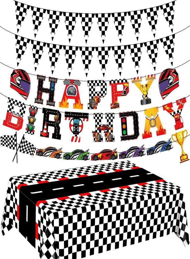 WNINK Racing Car Theme Tablecloths Happy Birthday Banner Racetrack Rectangular Tablecloth Race Car Party Decor Kit, for Race Car Birthday Party Decorations, 54 x 108 Inch - Image 1